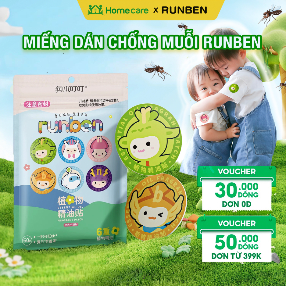 Miếng Dán Chống Muỗi RUNBEN 60 miếng/Túi Cho Bé Chống Muỗi Hiệu Quả Lên Đến 8H, An Toàn Cho Bé