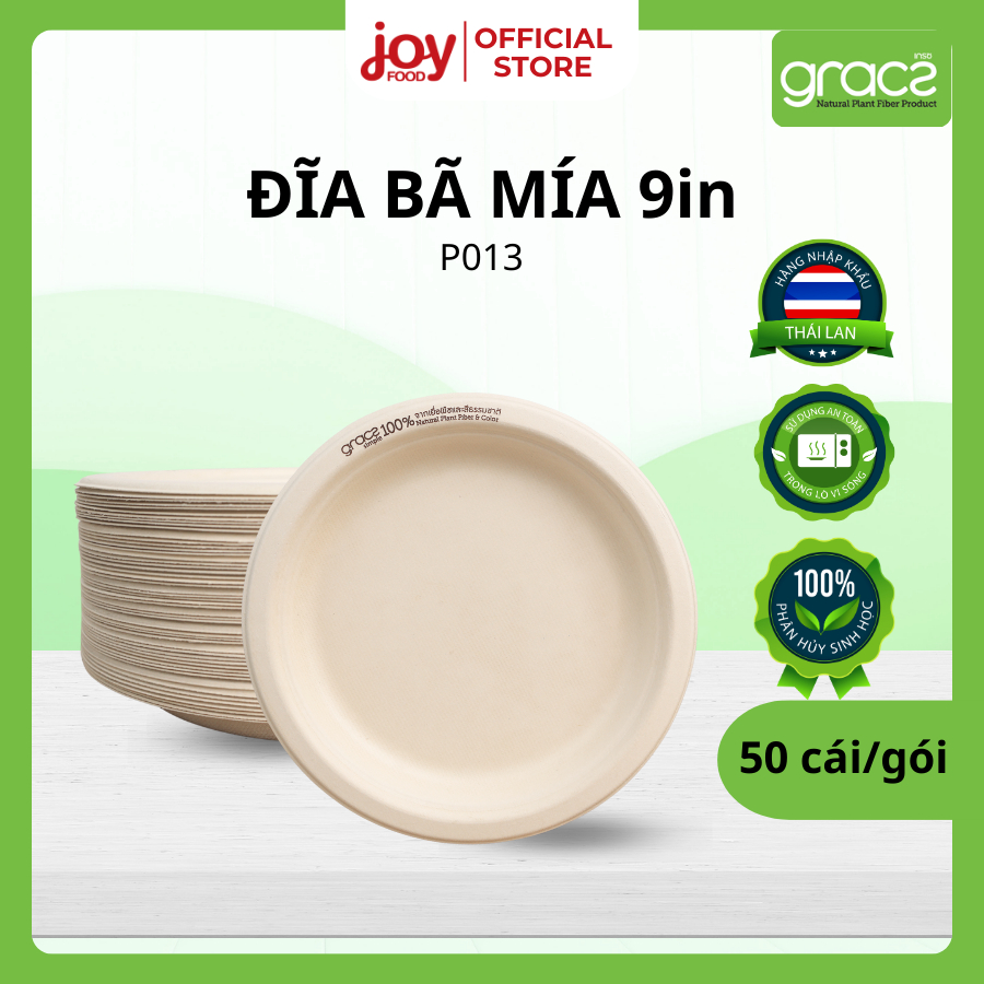  50 đĩa bã mía Gracz Thái Lan 9in đĩa dùng 1 lần phân hủy sinh học và không cán màng nhựa P013 