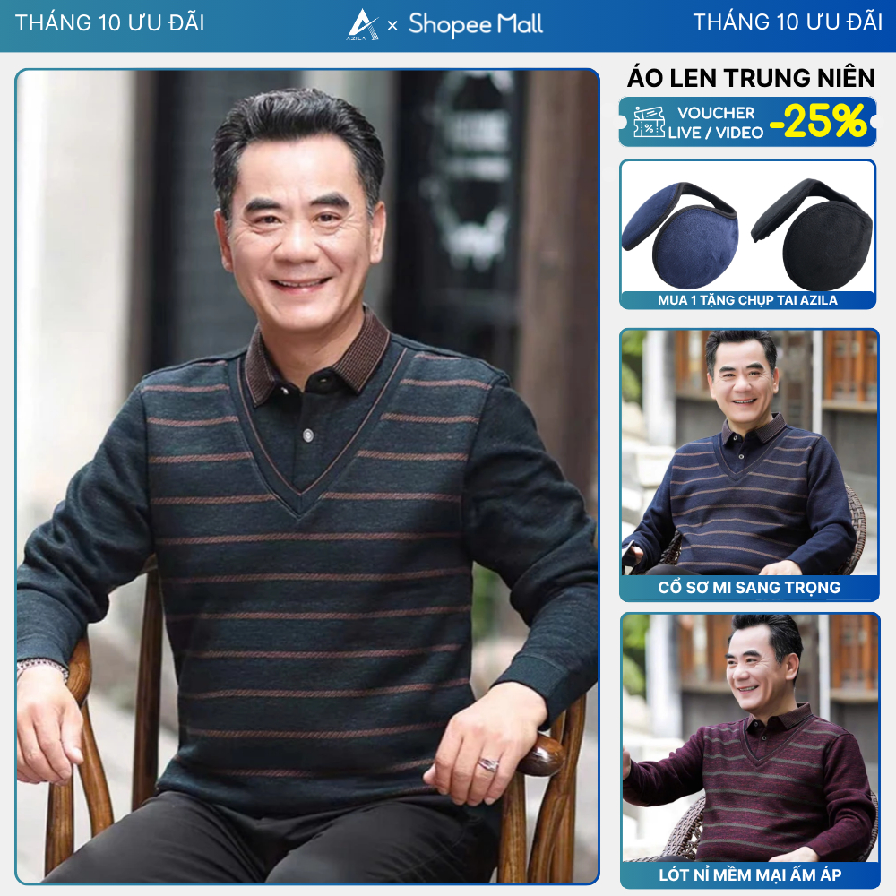 Áo Len Trung Niên Nam AZILA Lót Nỉ Nhung Mềm Mịn Ấm Áp Phối Cổ Sơ Mi Lịch Lãm, Áo Len Tặng Bố, Tặng Ông