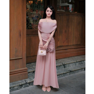  Đầm đi dự tiệc váy dự tiệc trễ vai lụa phối voan đính hoa 3D dáng xòe dài đuôi cá thiết kế tiểu thư sang chảnh LEVAN 