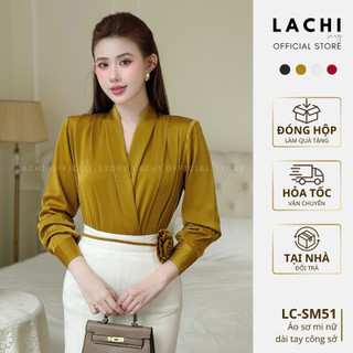  Áo sơ mi nữ dài tay công sở LACHI dáng suông thụng cách điệu cổ V cầu vai kèm hoa sang trọng LC-SM51 