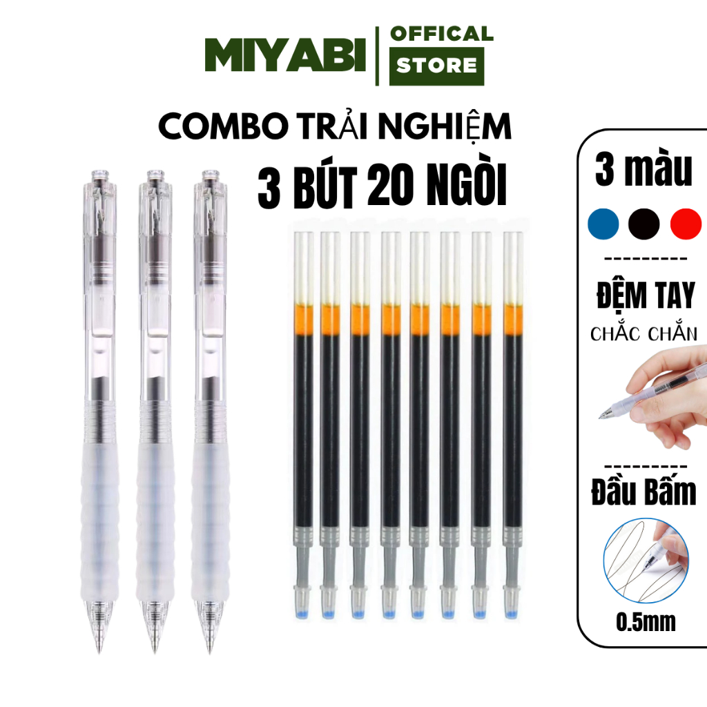 3 Bút bi nước kèm 20 ngòi ST 0.5mm Xanh/Đen/Đỏ  , bút mực gel cao cấp - MIYABI STORE