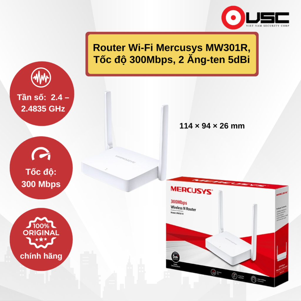 Router Wi-Fi Mercusys MW301R – Chuẩn N, Tốc độ 300Mbps, 2 Ăng-ten 5dBi, Bảo Hành 24 Tháng