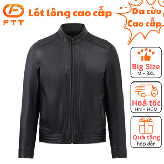  Áo da nam lót lông cao cấp cừu Racer trơn phối gân dọc khoá lót lông tháo rời FTT Leather AD215C40 