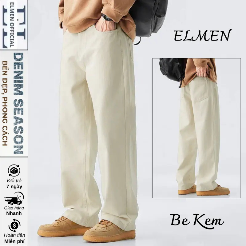 Quần Jean Nam Ống Suông Form Rộng Màu Be Kem Chất Vải Dày Dặn Có Túi Phong Cách Retro ELMEN.CLOTHING