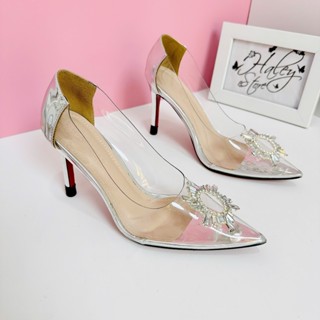  Giày cao gót 9cm HALEY STORE bít mũi nhọn quai trong suốt đính đá mặt trời pha lê tiểu thư công chúa cô dâu ball 