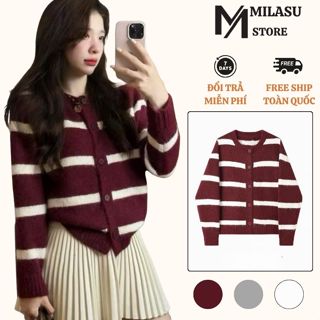  Áo Len Cagigan Nữ Kẻ Sọc From Rộng Dáng Suông Milasu Áo Khoác Cài Khuy Dài Tay Basic 485 