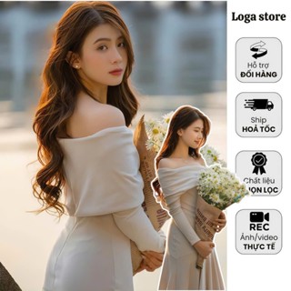  Đầm trễ vai dự tiệc dài tay dáng dài màu kem vải nhung tăm váy body trễ vai trắng dài tay tiểu thư Loga store_L329 