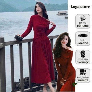  Váy đỏ lệch vai nữ nhún eo đầm dự tiệc nữ màu đỏ đầm thun nhún trễ vai đi tiệc sang chảnh Logastoren_ L369 