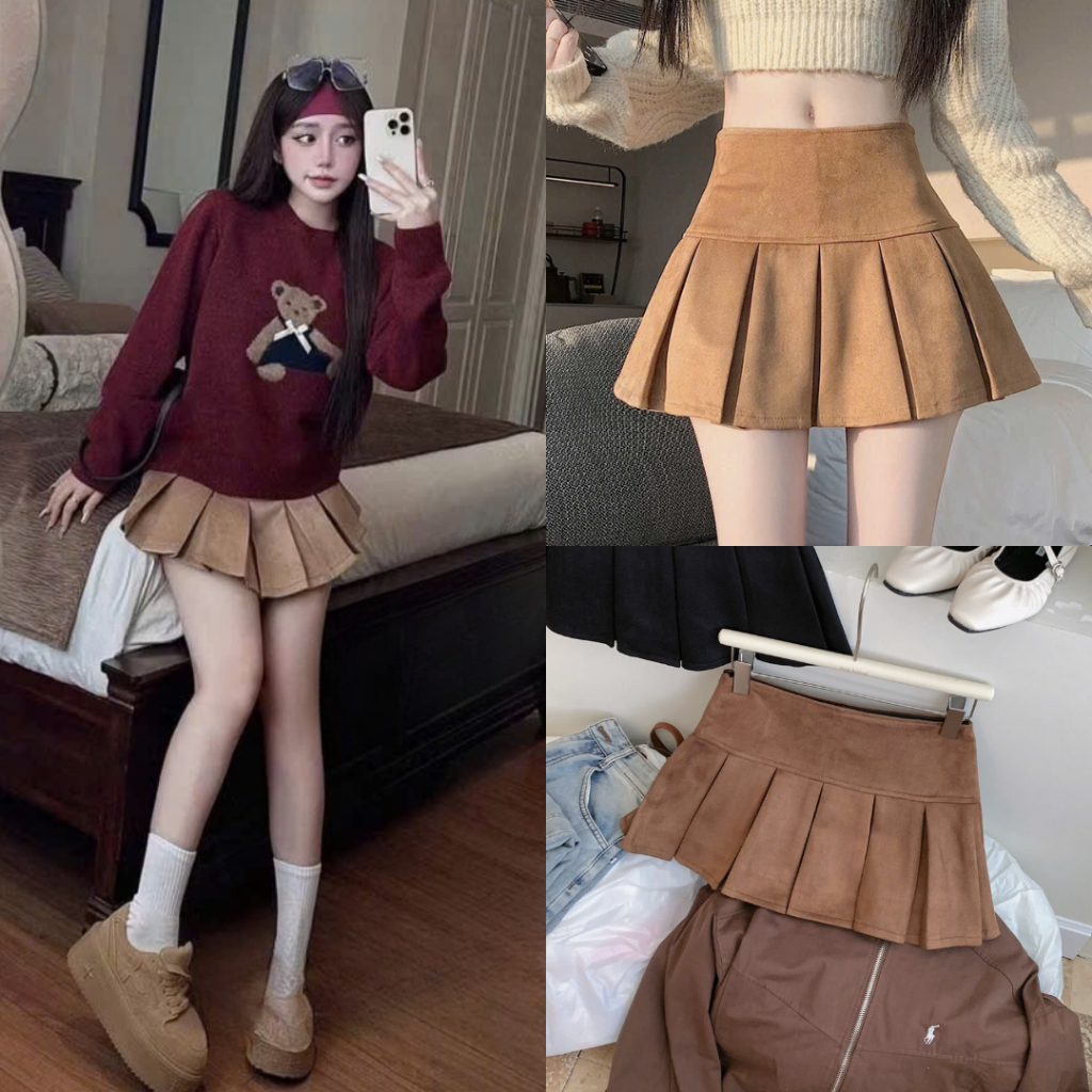 (Hàng QC) Chân Váy Da Lộn Nâu Dáng Ngắn Xếp Ly Bản To Có Quần Trong Size Từ 40-60kg, Labibi