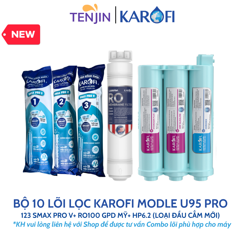 Combo 10 Lõi Lọc Nước KAROFI Dùng Cho  Model KAQ-U95 PRO, KAQ-M22 (123 Smax Pro V, RO 100GPD Mỹ 3 ch