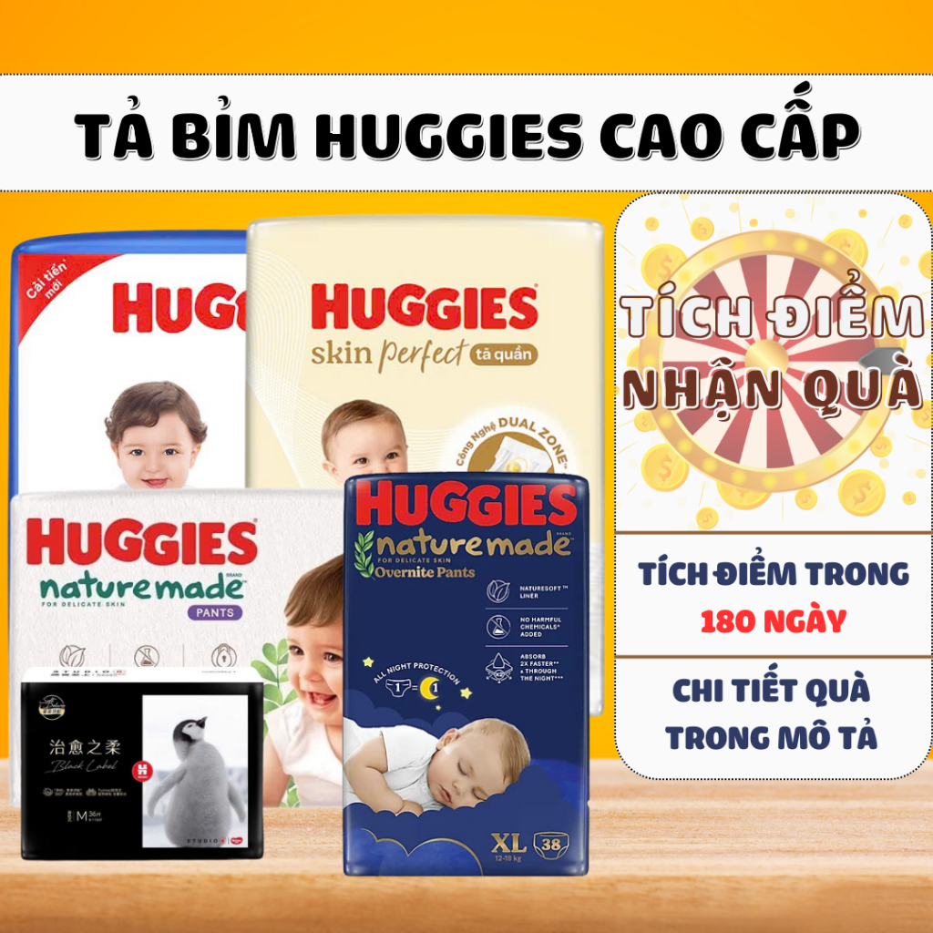 Bỉm/tã dán/quần Huggies Platinum Nature Made Size NB60/S82/M64/L54/XL44/XXL26