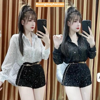  HV - Áo Sơ Mi Nhung Kim Sa dáng giấu quần Chân Váy Ngắn Kim Sa 