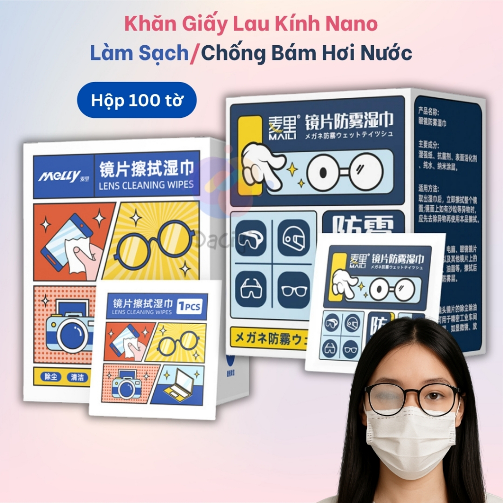 Khăn Lau Kính Nano Chống Bám Hơi Nước Mồ Hôi – Lau Sạch Bụi, Dầu, Vết Bẩn, Chống Mờ, Hộp 100 Tờ