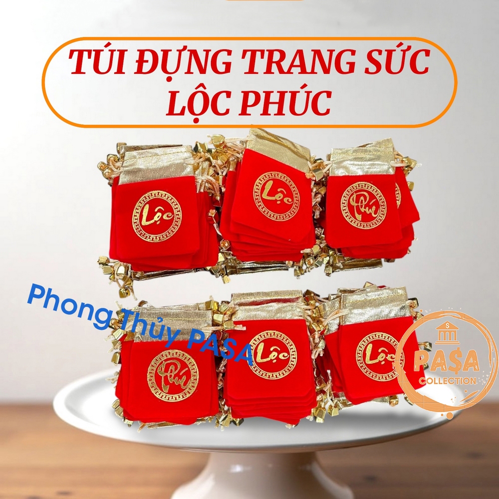 Túi Nhung Chữ Phúc Lộc rút dây 7 x 9 đựng Xu, Trang Sức, Đồ Phong Thủy