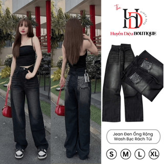  Quần Jean Nữ Ống Rộng Đen Wash Bạc Rách Túi Dài 103cm Chất Jean Mềm Mịn J747 Huyền Diệu Boutique 