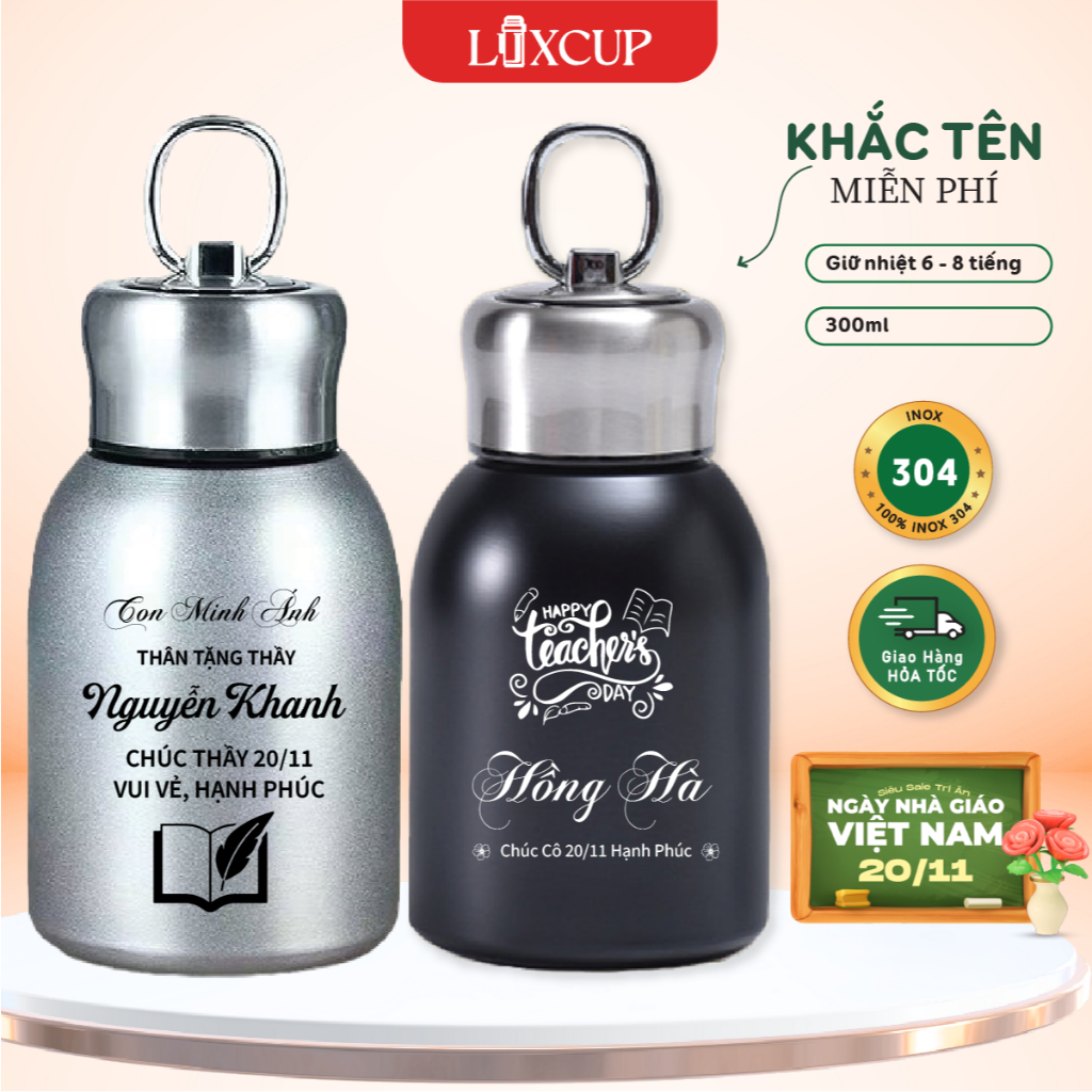 [Miễn Phí Khắc Tên] Bình Giữ Nhiệt Mini LUXCUP inox 304 cao cấp 300ml - Có quai xách tiện lợi.