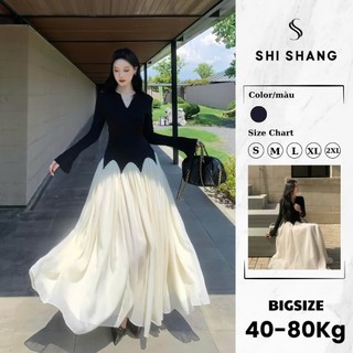   Mở Bán  Váy Đầm Dài Tay Thu Đông Phối Chân Váy Tơ Xòe Uốn Sóng Đầm Thiết Kế Bigsize by Shi Shang 