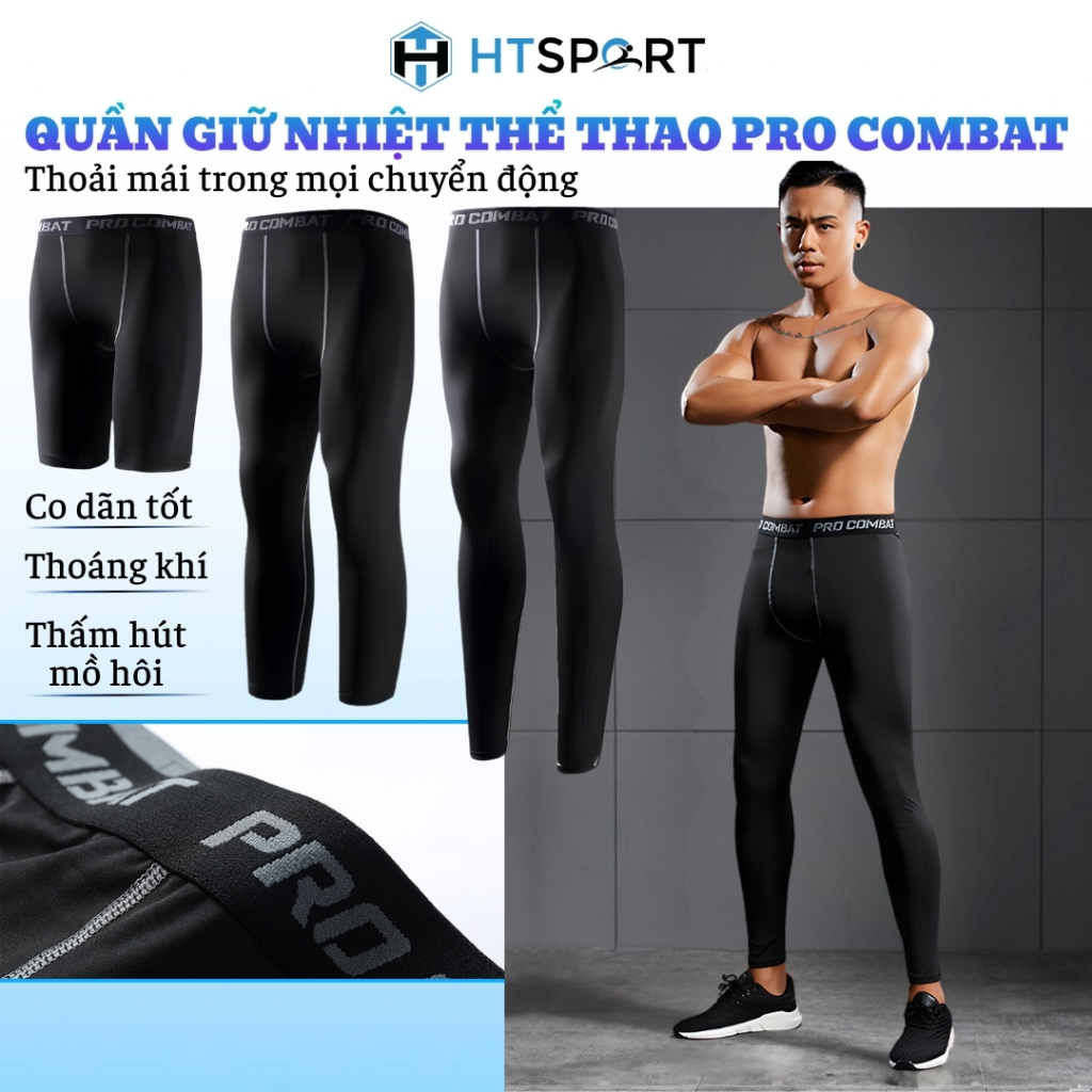 Quần Giữ Nhiệt Thể Thao Nam Pro Combat, Quần Tập Gym Legging Lửng Dài Đùi Bóng Rổ Đá Banh Chạy Bộ