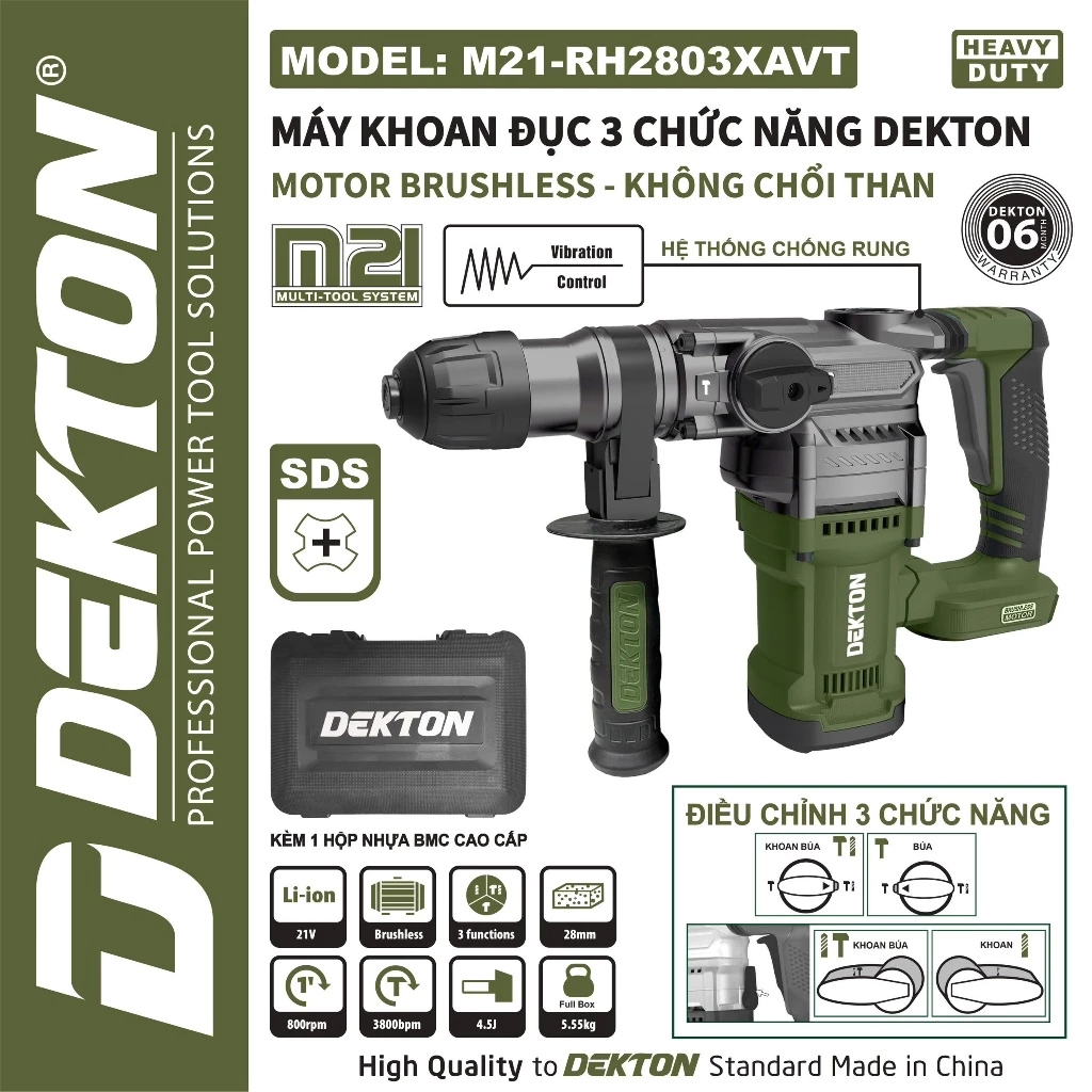  Thân máy khoan đục bê tông pin DEKTON M21-RH2803XAVT 3 Chức Năng Có chống rung 4.5j SDSplus 