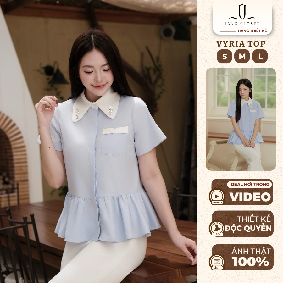 [JANG CLOSET] Áo sơ mi nữ công sở thanh lịch đính đá ở nắp túi giả Jang Closet mặc đi làm đi chơi VY
