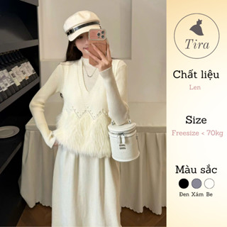  Set len gile lông TIRA MAMA M352 Set len bầu dài tay Váy suông dáng dài Áo gile phối đính đá nhỏ 