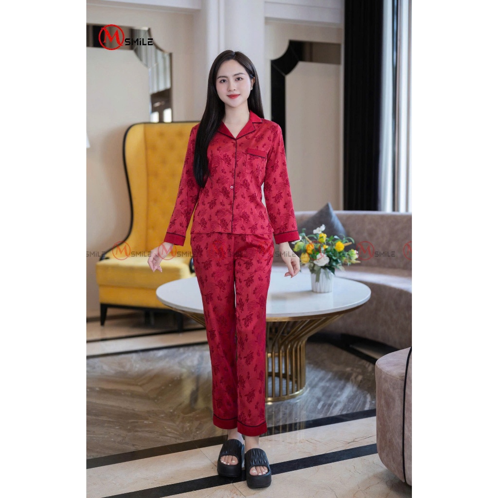 Bộ mặc nhà nữ MSMILE gấm hoa cao cấp dài tay, Bộ đồ ngủ pijama lụa mềm mịn, thoáng mát - BD390