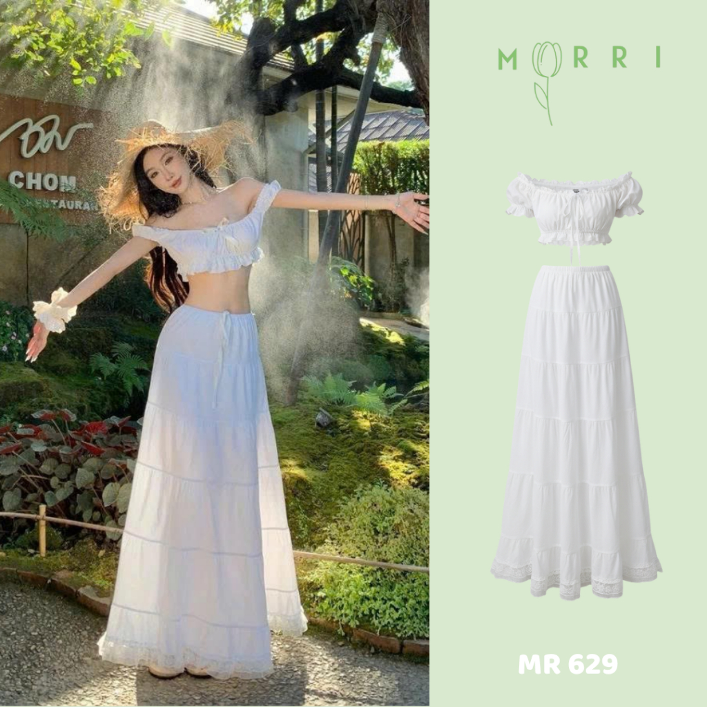 Set Đồ Biển Nữ - Chân Váy Dài Và Áo Croptop NV2003 Áo Mặc Hai Cách Cổ Vuông và Trễ Vai Có Bán Lẻ
