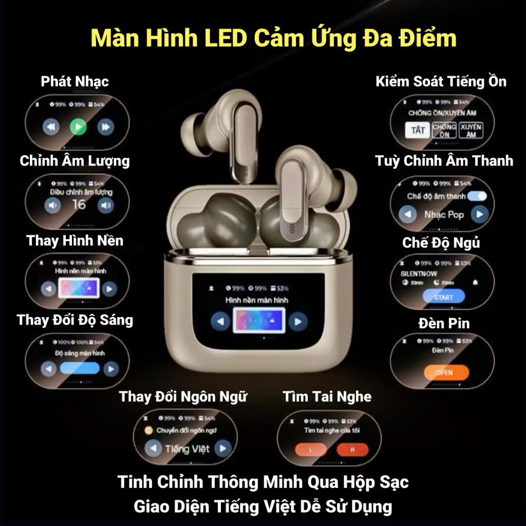 Tai nghe bluetooth 5.4 A9 Pro - Tai nghe không dây cảm ứng màn hình LCD