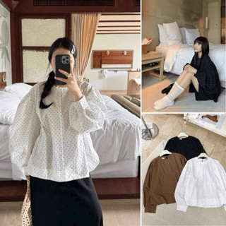    Hàng Đẹp Có Sẵn  Áo Thô Hàn Chấm Bi Tay Dài Xẻ Tay Bồng Phong Cách Hoàn Quốc Mặc Đi Làm Đi Chơi 