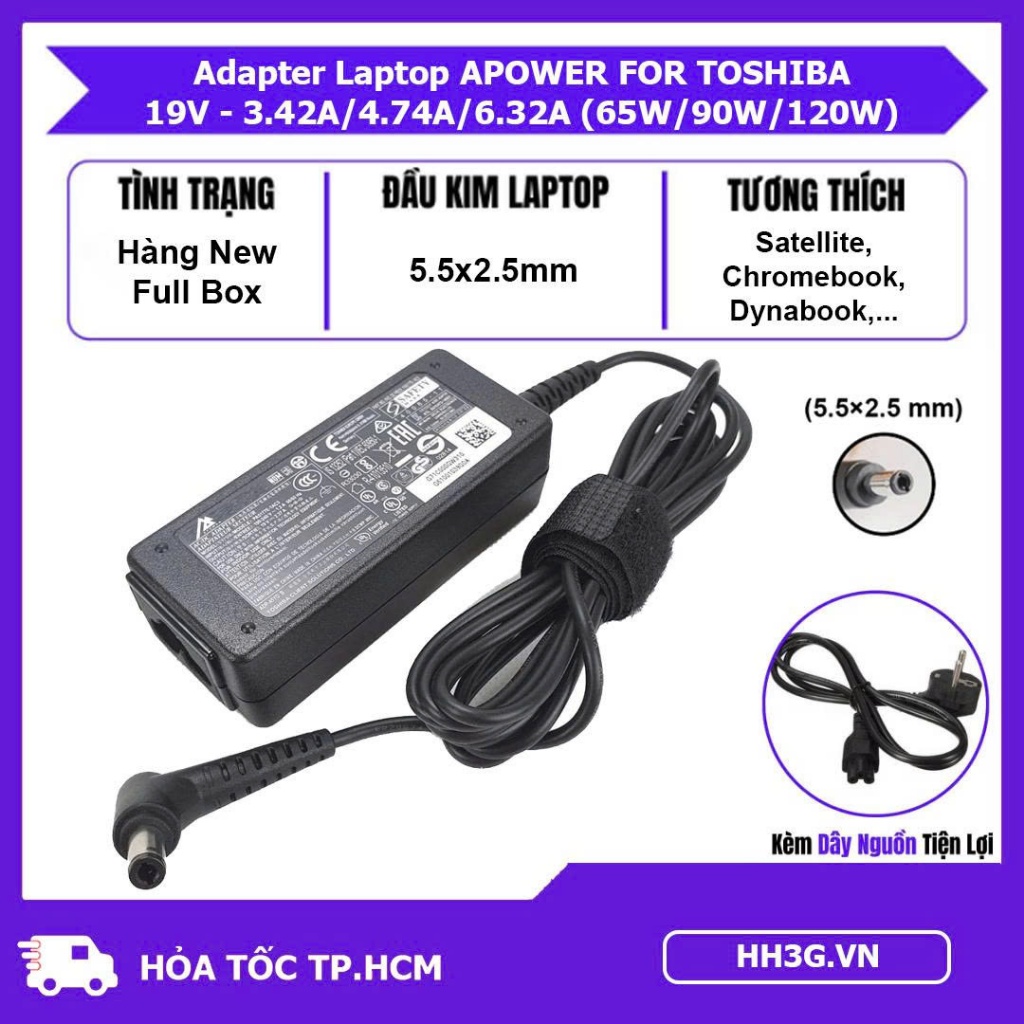 Sạc Laptop APOWER For Toshiba 19V – 3.42A/4.7A/6.3A) (Đầu Kim 5.5mmX2.5mm)  –  Adapter Laptop