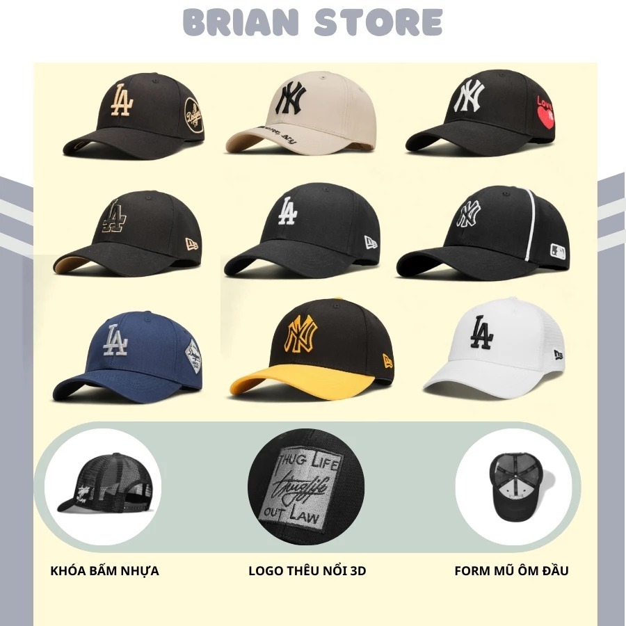 Bộ nón lưỡi trai LA mũ thời trang M.L.B - Mũ LA đa sắc phong cách logo thêu 3D form cứng