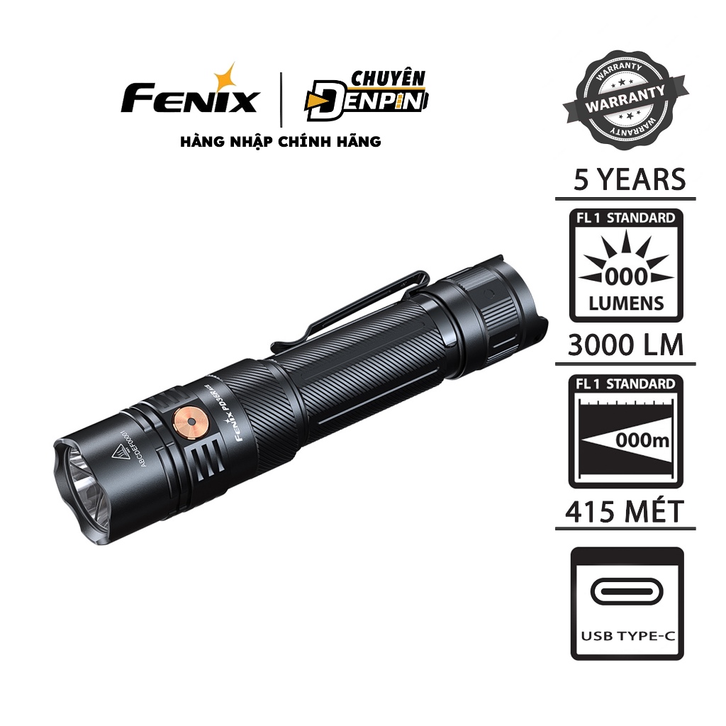 Đèn pin cầm tay FENIX PD36R ACE - công suất lên đến 3000 lumens, tầm chiếu tối đa 415 mét.