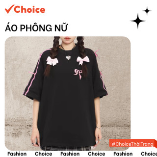 [Choice] Áo Phông Nữ NH20 Tay Lỡ, Cổ Tròn, Phối Viền Hồng Nơ