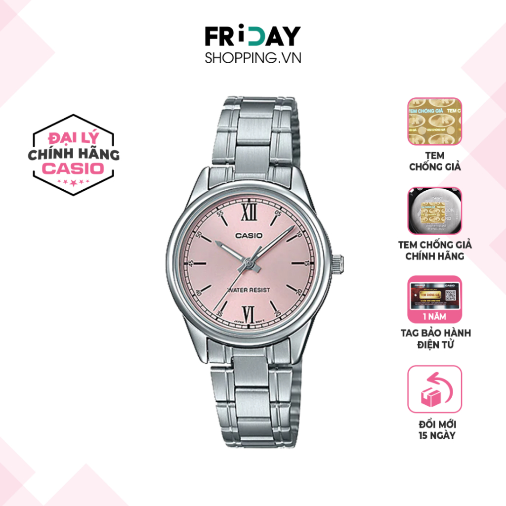 Đồng Hồ Casio Nữ LTP-V005D-4B2UDF Mặt Tròn Màu Hồng Dây Kim Loại Chính Hãng
