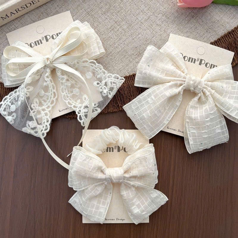 Kẹp tóc & dây buộc tóc nơ trắng tiểu thư thanh lịch