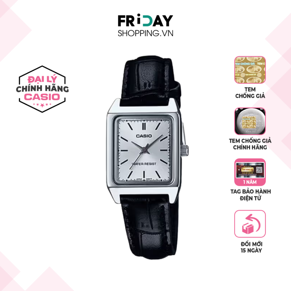 Đồng Hồ Casio Nữ LTP-V007L-7E1UDF Mặt Vuông Dây Da Chính Hãng