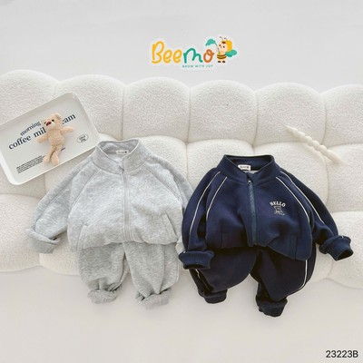 Set bộ quần áo khoác dài tay Beemo cho bé trai, in gấu Hello khoá kéo, chất liệu nỉ da cá dày dặn, mặc thu đông 23223B
