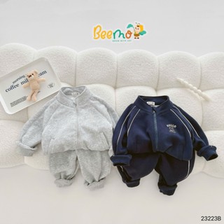  Set bộ quần áo khoác dài tay Beemo cho bé trai in gấu Hello khoá kéo chất liệu nỉ da cá dày dặn mặc thu đông 23223B 