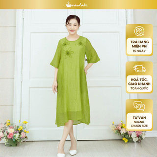 SWANLAKE | Váy Đầm Trung Niên Suông Đính Bông 3D Tay Lỡ Vải Tơ Lót Cotton Có Túi Tặng Mẹ - D10858