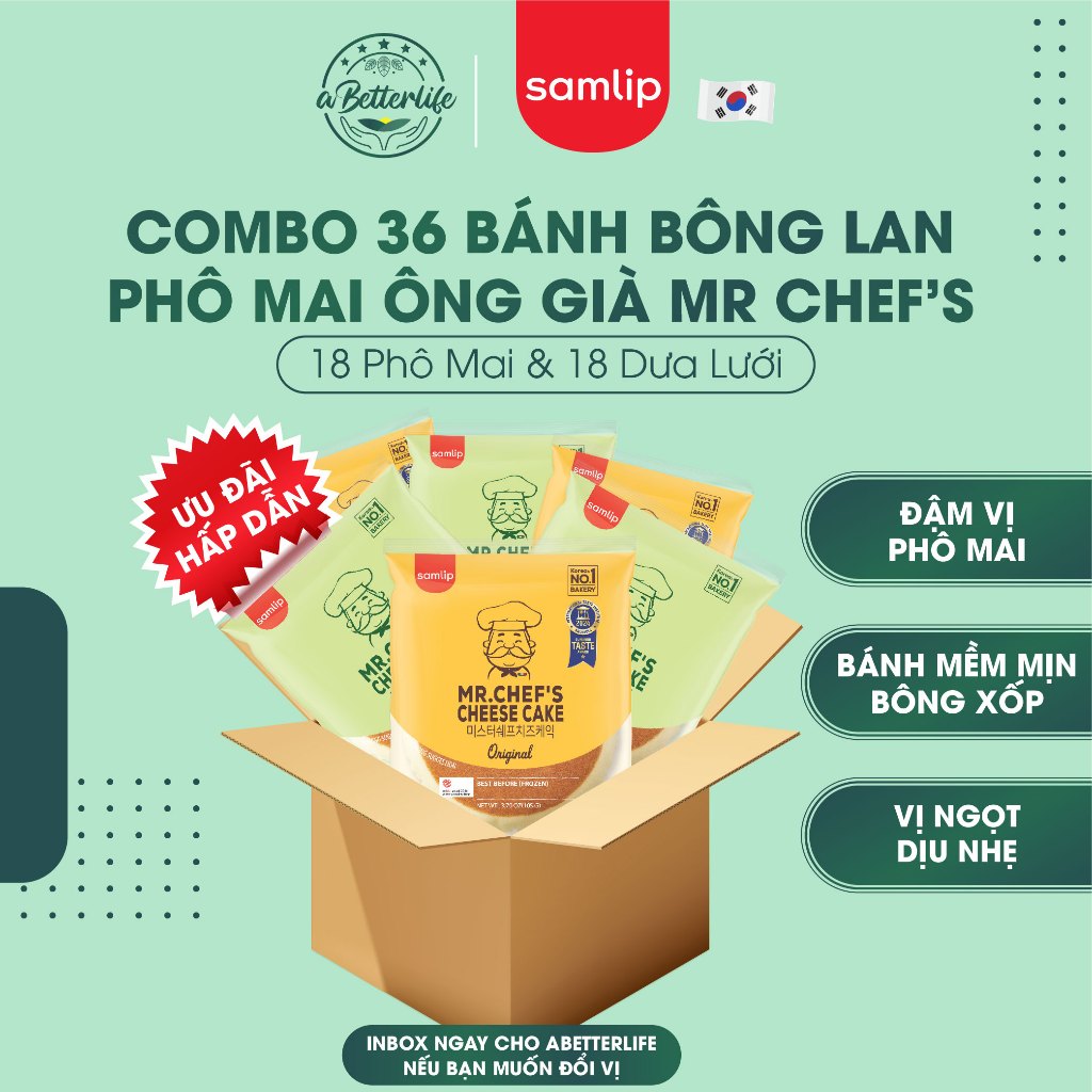 Thùng 36 bánh bông lan phô mai Samlip Mr. Chef's Cheese Cake 105g mix 2 vị 18 bánh phô mai 18 bánh d