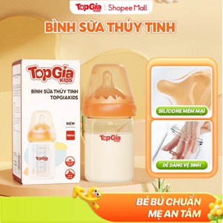  Bình sữa Topgiakids thủy tinh 180ml cao cấp núm ti silicone siêu mềm có van chống sặc giảm đầy hơi 