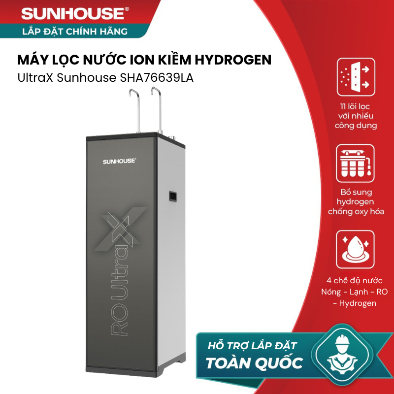 [LẮP ĐẶT TOÀN QUỐC] Máy lọc nước Ion kiềm Hydrogen UltraX SUNHOUSE SHA76639LA - 4 chế độ nước: Nóng-Lạnh-RO-Hydrogen