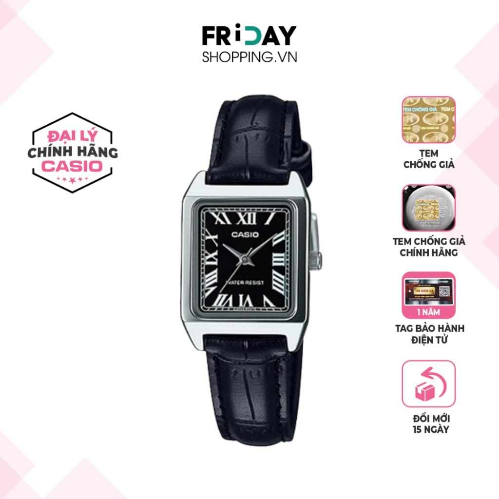 Đồng Hồ Nữ Casio LTP-V007L-1BUDF Mặt Vuông Màu Đen Dây Da Chính Hãng