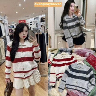  Hv -Áo Len Nữ Áo Cardigan Len Cổ Bẻ Len Hàn Họa Tiết Kẻ Chuẩn Hàng QC Cao Cấp 