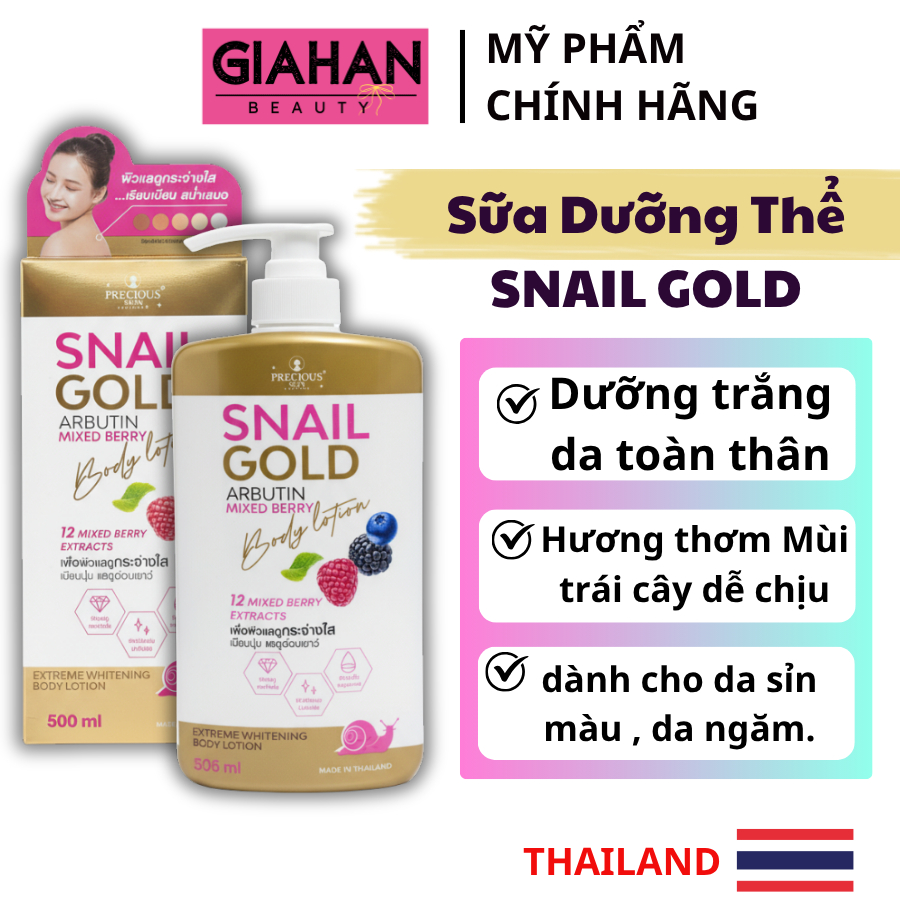 Sữa Dưỡng Thể Trắng Da Snail Gold Arbutin Mix Berry Precious Skin dưỡng trắng body 500ml -Chính Hãng
