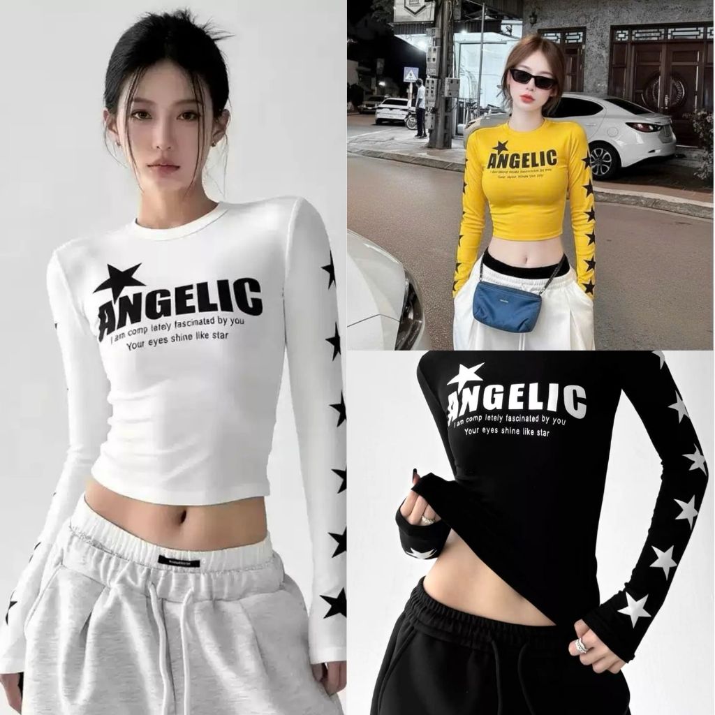 Áo croptop nữ tay dài cotton in chữ ANGELIC ngôi sao trắng đen đỏ vàng VANISA HP XY