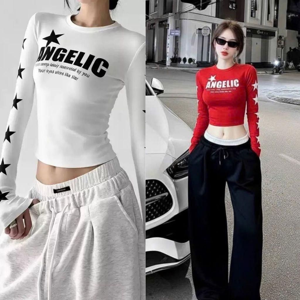 Áo croptop angelic tay dài nữ in sao cá tính trắng đỏ đen vàng thun ôm đẹp VANISA HP XY