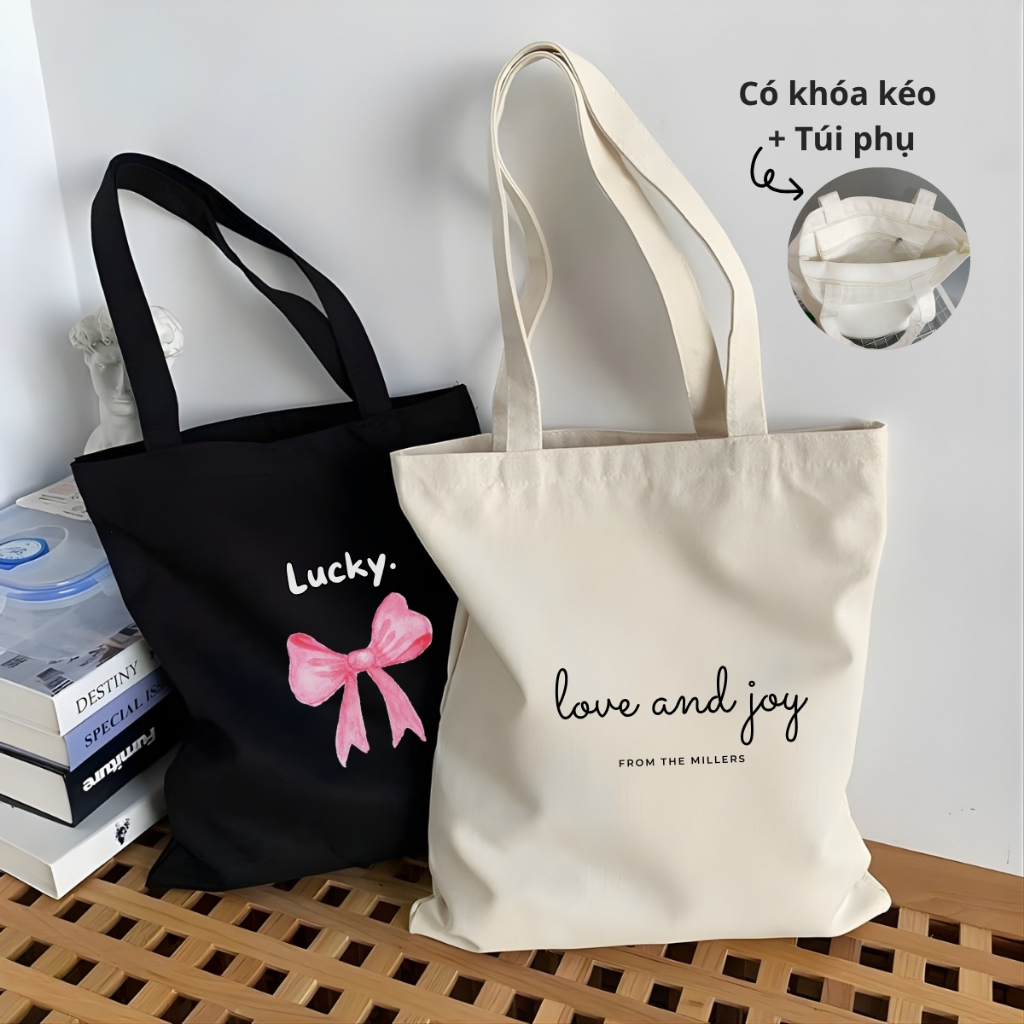 Túi tote vải canvas đeo vai, có khóa kéo và ngăn phụ hình thời trang WE TEE - WTU06