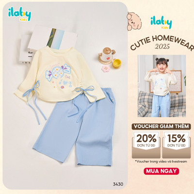 Đồ bộ bé gái ILABY áo dài tay dây rút hông và quần ống rộng in hình dễ thương [3430]